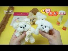 two white teddy bears are being held by someone's hands on a yellow surface