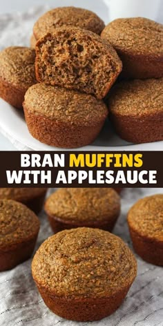 bran muffins with applesauce on a white plate and in the background