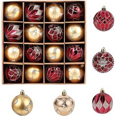 twelve red and gold christmas ornaments in a box