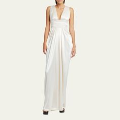 Dolce&Gabbana crepe satin gathered dress V neckline Sleeveless Banded waist Column silhouette Full length Zip closure Silk self/lining Made in Italy Gathered Dress, Column Dress, Bergdorf Goodman, Satin Dresses, V Neckline, Top Designers, Dolce And Gabbana, Full Length, Tops Designs