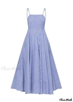 OliviaMark - Stylisches gestreiftes und bedrucktes Sonnenkleid mit plissierter Taille Woman Casual Dress, Check Print Dress, Dress Like A Boss, Midi Dresses For Women, Stripes Dress, Skirt High Waist, Korean Casual, Sling Dress, Linen Tunic