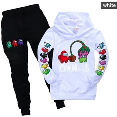 Hoodie &amp; Pants For Kids Playful White Hoodie For Streetwear, Fun Long Sleeve Cotton Hoodie, Playful White Hoodie With Drawstring Hood, Playful White Hoodie Sweatshirt, Sporty Sweatshirt With Cartoon Print For Winter, Sporty Winter Sweatshirt With Cartoon Print, Playful Fleece Sweatshirt For Fall, White Sweats For Leisure In Winter, Sporty Fall Hoodie With Cartoon Print