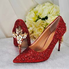 Stunning Red Glitter Cherry Blossom Embellished Bridal Heels Elegant Christmas Evening Heels, Elegant Evening Heels For Christmas, Glamorous Wedding Shoes For Holiday Season, Elegant Formal Christmas Heels, Elegant Christmas Formal Heels, Red Rhinestone Wedding Heels, Elegant Red Glitter Heels, Red Pointed Toe Wedding Shoes, Red Glamorous Wedding Shoes