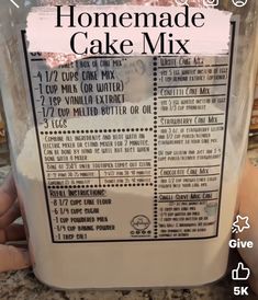 homemade cake mix in a plastic container on a counter top with text overlay that reads homemade cake mix