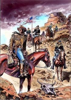 a painting of cowboys riding horses in the desert with a cow skull on the ground