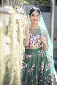 Azalea Green Cascade Lengha - bAnuDesigns Tulle Lengha, Hand Embroidery With Beads, Laser Cut Mirror, Tulle Lehenga, Mehndi Outfit, Wedding Sign Decor, Embroidery With Beads, Sangeet Outfit, Western Work