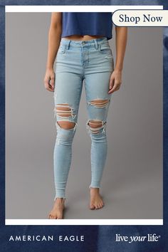 Next Level Stretch/Our softest, stretchiest, never-loses-its-shape denim/Won't bag out. Ever./Light wash/Ripped Stretch Distressed Bottoms For Everyday, Everyday Stretch Distressed Bottoms, Distressed Stretch Bottoms For Everyday, Trendy Ripped Bottoms For Everyday Wear, Stretch Ripped Denim Blue Bottoms, Distressed High Rise Jeggings, Ripped Bottoms For Everyday Fall Wear, High Rise Stretch Distressed Jeggings, Stretch Distressed Denim Blue Bottoms