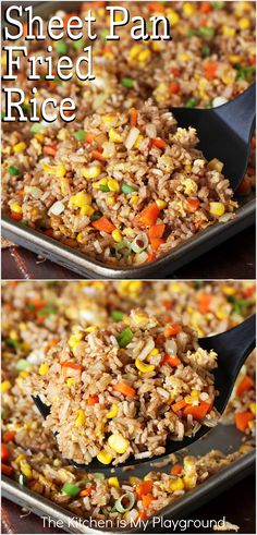 Pan of Sheet Pan Fried Rice and serving it with a spatula Sheet Pan Fried Rice Food Network, One Pan Stir Fry, Stir Fry Easy Recipe, Asian Rice Stir Fry, Sheet Pan Fried Rice Damn Delicious, Oven Stir Fry Chicken, Stove Top Fried Rice, Stir Fry For A Crowd, Oven Baked Chicken Fried Rice