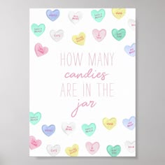 a card with hearts on it that says how many candies are in the jar