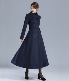 Elegant Long Sleeve Peacoat For Office, Elegant Office Peacoat, Elegant Office Peacoat With Long Sleeves, Elegant Double-breasted Fall Peacoat, Elegant Wool Coat With Stand Collar For Fall, Elegant Office Wool Coat With Stand Collar, Elegant Long Coat Peacoat For Office, Elegant Long Wool Coat With Buttons, Elegant Long Peacoat For Office