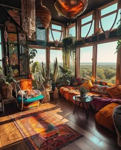 a living room filled with lots of furniture and plants on top of windowsills