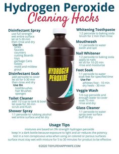 a bottle of hydrogen peroxide cleaning hacks with instructions on how to use it