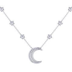 "There's no look you can't pull off when you accessorize with the Starry Lane Necklace. Crafted in 925 Sterling Silver, this necklace features 100% natural, genuine diamonds. 0.04 carats of diamonds are used in an individual plate prong setting. This necklace is also offered in 14 KT Yellow Gold Vermeil, which gives the piece a long-lasting shelf-life. This necklace is 18\" long and uses a cable chain with lobster clasp. The star motifs are 4.7 mm in length and width, while the moon motif is 15 Jewellery Pendant, Store Jewelry, Silver Prices, Charm Rings, Gold Price, To The Moon And Back, Moon Necklace, Diamond Fashion, Pull Off