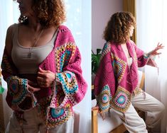 two pictures of a woman wearing a pink crocheted jacket