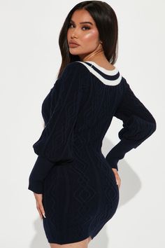 Available In Navy/combo. Sweater Mini Dress Long Sleeve Off Shoulder V-Neck Balloon Sleeves Stretch 48% Acrylic 27% Polyester 25% Nylon Imported | Varsity Girl Sweater Mini Dress in Navy Blue size Medium by Fashion Nova Navy Fitted Winter Dress, Varsity Dress, Sweater Mini Dress, Mini Dress Long Sleeve, Xl Fashion, Mini Sweater Dress, Dress Long Sleeve, Girls Sweaters, Balloon Sleeves