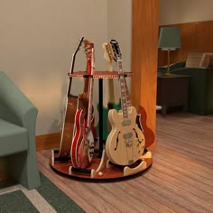 three guitars are sitting on a stand in the living room