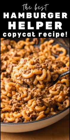 the best hamburger helper copycat recipe is on a plate with a spoon in it