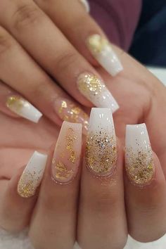 Off White And Gold Nails, Nails For A Gold Prom Dress, Wedding Nails Gold And White, Nail White And Gold, White Gold Silver Nails, Nail Designs White And Gold, Gold And White Wedding Nails For Bride, White Nails Gold Design, Gold And White Nails Ideas