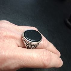 Pretty Silver Colored Ring With Clear Rhinestones. Classic Black Crystal Ring, Classic Black Metal Rings, Classic Black Jewelry With Stone Setting, Black Metal Crystal Round Ring, Black Metal Crystal Ring, Adjustable Black Metal Crystal Ring, Classic Black Nickel-free Ring, Black Sterling Silver Metal Ring, Black Nickel-free Rings For Promise