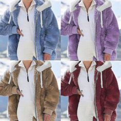 Find ideas๏ฟฝand inspiration for ??Womens Fur Fluffy Hooded Jacket Parka Coat Fleece Winter Warm Overcoat Outwear", Womens Coats Jackets Plush Quilt, Storch Baby, Warm Winter Fashion, Sweater Zipper, Plush Coat, Loose Coat, Fluffy Coat, Winter Outwear, Loose Coats