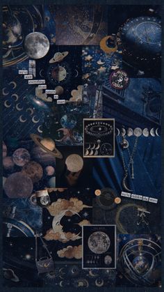 a collage of various items and symbols on a blue background with space in the middle