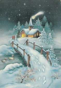 a painting of a snowy night with people walking across a bridge and ducks swimming in the water