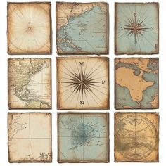 six maps with compasss on them are shown in different sizes and shapes, including the map