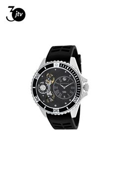 Stainless steel case, Rubber strap, Black dial, Quartz movement, Scratch resistant mineral, Water resistant up to 10 ATM - 100 meters - 330 feet //  OC0991 Black Timeless Chronograph Watch With 10atm Water Resistance, Timeless Black Chronograph Watch With 10atm Water Resistance, Black Diamond Watch With Chronograph, Black Diamond Watch With Subdials, Silver Watches With Skeleton Dial, Silver Skeleton Dial Watches For Outdoor, Black Automatic Outdoor Watch, Black Chronograph Watch With Skeleton Dial For Outdoor, Outdoor Black Chronograph Watch With Skeleton Dial