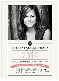 the graduation announcement card is shown with an image of a woman in black and white