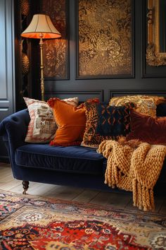 29 Cozy Maximalism Ideas for a Warm and Welcoming Atmosphere Unique House Exterior, Cosy Home Ideas, Maximalism Decor, Cozy Maximalism, Plush Rugs, Blue Couch, Living Room Decor Inspiration, Embroidered Cushions, Boho Interior