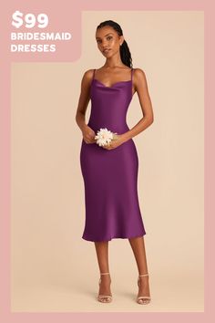 a woman in a purple dress with flowers on her bouquet and the words $ 99 bridesmaid dresses