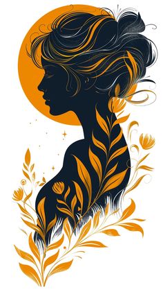 the silhouette of a woman's head with flowers in her hair and an orange sun behind it