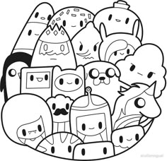 a bunch of cartoon characters in a bowl with black and white ink on the bottom