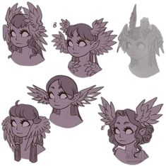 some drawings of different types of wings and hair, with the same color as them