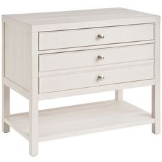 a white dresser with three drawers and one shelf on the bottom, against a white background