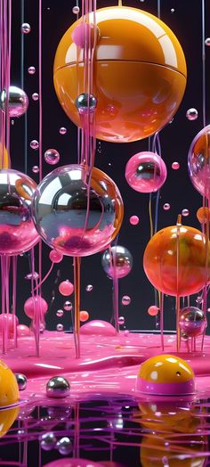 an image of colorful objects floating in the air with bubbles and water droplets on them