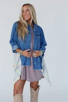 Get ready for compliments while wearing the Turning Tables Denim Jacket - a unique boho twist on the classic denim jacket, we know you're going to love! Solid, quality, denim fabric relaxed, oversized silhouette So unique, woven, striped fabric back panel with cute fringe bottom edge Collared neckline with a button-down front Long sleeves with button wrist closure Pair with: Evermore Seamless Lace Racerback Bralette, Perfect Round Hem Bralette Maxi Dress and Ethereal Shine Stacked Bracelet. *Due Medium Wash Relaxed Fit Outerwear For Day Out, Relaxed Fit Medium Wash Outerwear For Day Out, Medium Wash Denim Jacket For Summer Day Out, Summer Denim Jacket Washed For Day Out, Summer Washed Denim Jacket For Day Out, Denim Blue Summer Outerwear For Day Out, Summer Denim Blue Outerwear For Day Out, Bohemian Denim Jacket With Frayed Hem, Bohemian Outerwear For Fall Day Out