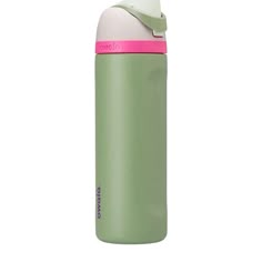 a green and pink water bottle on a white background