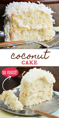 coconut cake on a plate with the words coconut cake written in red and white above it