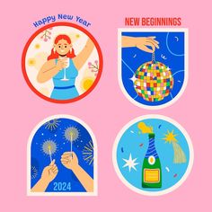 three new year's greeting cards with images of people holding sparklers and fireworks