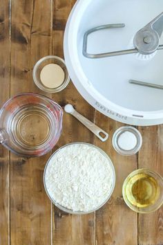 an overhead view of various ingredients on a wooden table