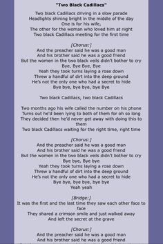 the poem for two black cadillacs, written in purple and blue with white writing on it