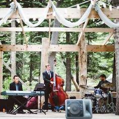 the band is playing in the woods on the stage for people to watch them play