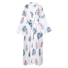 Jal Wahal Floral Cotton Dress Robe ON BACKORDER 5-7 DAYS White Long Kimono For Loungewear, White Long Robe For Spring, Long White Robe For Spring, Long White Robe For Home, White Spring Kimono For Loungewear, White Robe With Kimono Sleeves For Home, Spring White Cotton Robe, White Floral Print Dress For Loungewear, Elegant White Cotton Robe