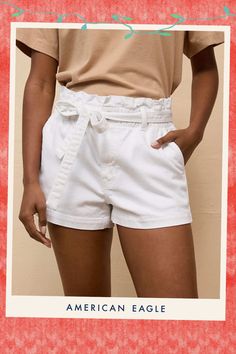 Stretch/Mid-weight denim with just enough stretch for everyday comfort/Won't bag out. Ever./Paper bag waist/White color wash Mom Shorts, White Color, Womens Bottoms, American Eagle Outfitters, Women's Jeans, Paper Bag, American Eagle, Women Jeans, White