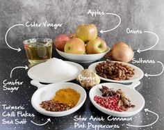 an image of different types of food in bowls on a table with apples, cinnamon, star anise, cranberries, and other ingredients