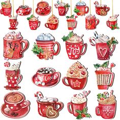 a bunch of red cups filled with hot chocolate and marshmallows