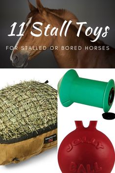 horse toys for sale or bored horses with text overlay that reads, 11 stall toys for sale or bored horses