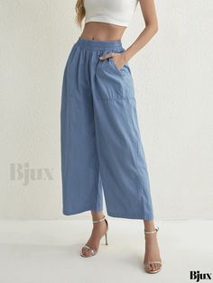 Bjux - Vintage Blue Wide Leg Denim Pants with Elastic Waistband and Large Slash Pocket - Womens Stylish Denim Jeans & Apparel Light Wash Jeans With Elastic Waistband For Summer, Light Wash Summer Jeans With Elastic Waistband, Summer Light Wash Jeans With Elastic Waistband, Summer Mid-rise Washed Blue Pants, Summer Jeans With Elastic Waistband In Denim Blue, High Waist Jeans With Elastic Waistband For Summer, Denim Blue Wide Leg Bottoms For Summer, Wide Leg Denim Blue Bottoms For Summer, Summer Cotton Jeans With Elastic Waistband