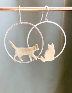 Gold Cat Earrings, Kitten Stuff, Wire Cat, Silhouette Earring, Large Silver Hoop Earrings, Metal Sheets, Hoop Dangle Earrings, Metal Cat, Lightning Bolt Earrings